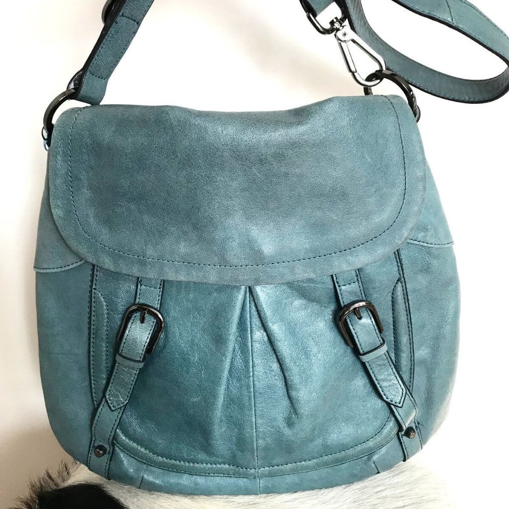 Perlina New York Blue Leather Shoulder Bag Everyday Handbag Lots of Pockets